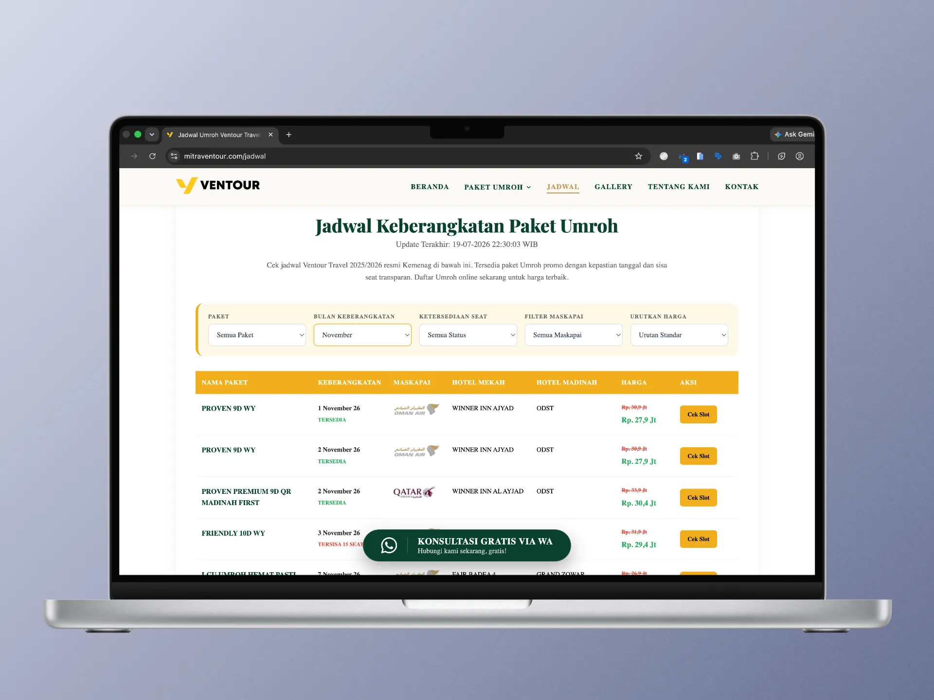 Tampilan jadwal umroh versi desktop MitraVentour