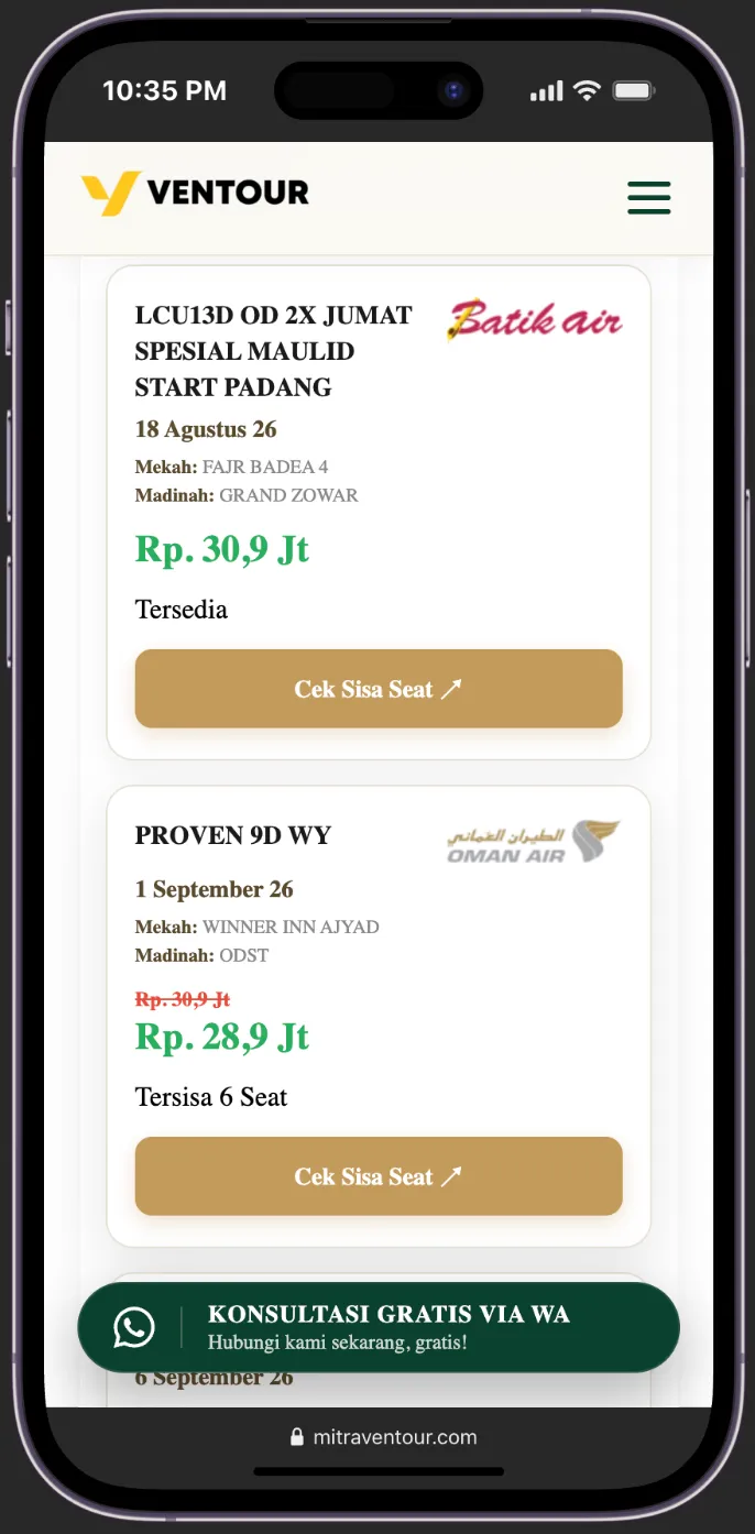 Tampilan jadwal umroh versi mobile MitraVentour
